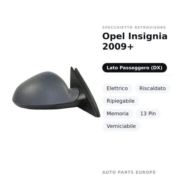 Specchietto Retrovisore Destro Opel Insignia 2009+ – Elettrico, Riscaldato, Ripiegabile, Memoria, 13 Pin, Verniciabile
