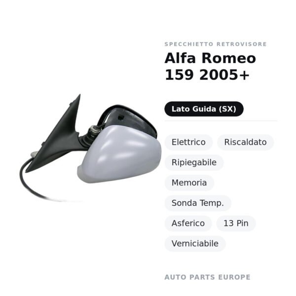 Außenspiegel Links Alfa Romeo 159 2005+ – Elektrisch, Beheizt, Klappbar, Memory, Temperatursensor, Asphärisch, 13-poliger