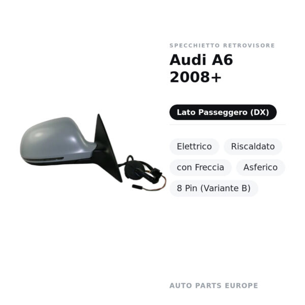 Specchietto Retrovisore Destro Audi A6 2008+ – Elettrico, Riscaldato, con Freccia, Asferico, 8 Pin (Variante B) – foto 2