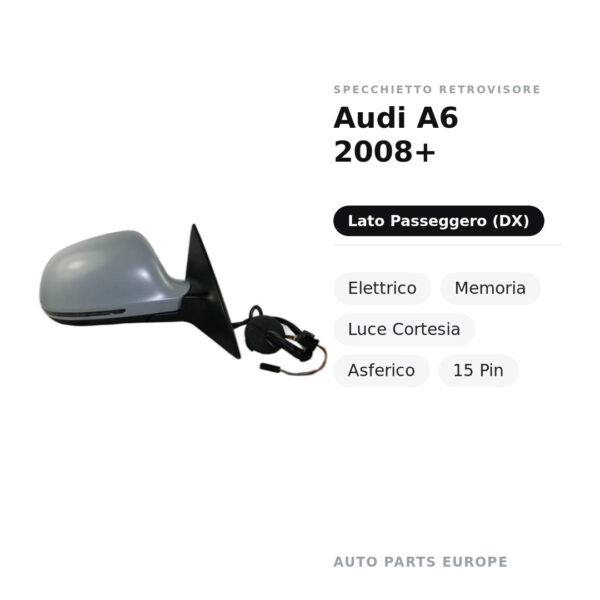 Specchietto Retrovisore Destro Audi A6 2008+ – Elettrico, Memoria, Luce Cortesia, Asferico, 15 Pin – foto 2