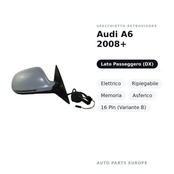 Specchietto Retrovisore Destro Audi A6 2008+ – Elettrico, Ripiegabile, Memoria, Asferico, 16 Pin (Variante B) – foto 3