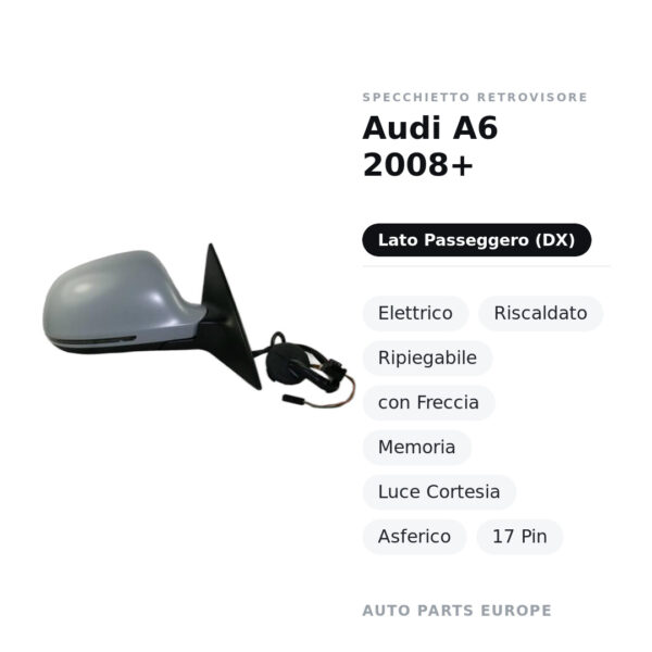 Specchietto Retrovisore Destro Audi A6 2008+ – Elettrico, Riscaldato, Ripiegabile, con Freccia, Memoria, Luce Cortesia