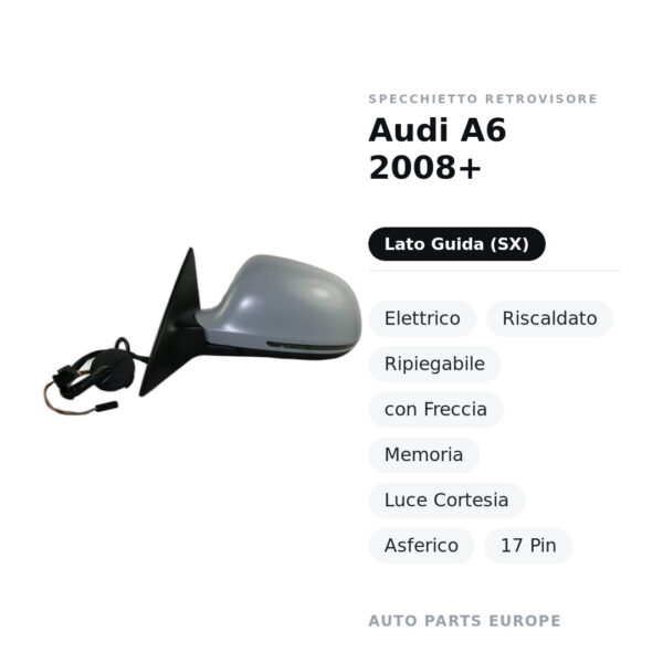 Specchietto Retrovisore Sinistro Audi A6 2008+ – Elettrico, Riscaldato, Ripiegabile, con Freccia, Memoria, Luce Cortesia