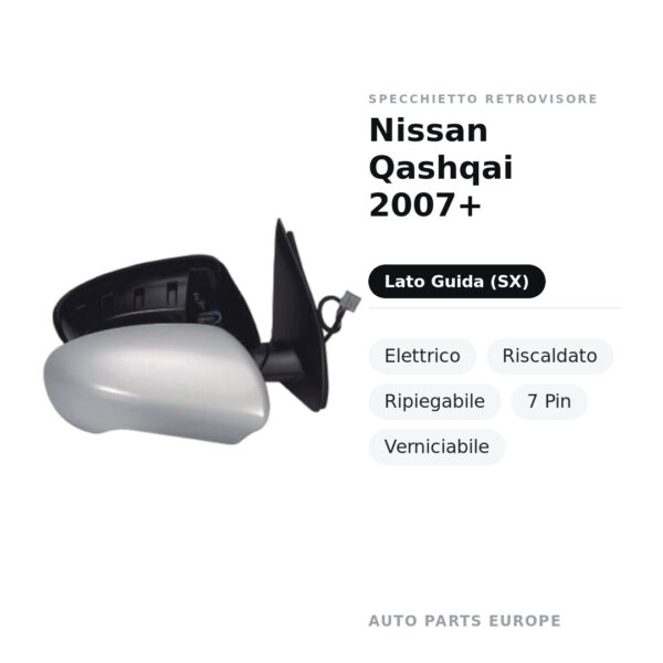 Außenspiegel Links Nissan Qashqai 2007+ – Elektrisch, Beheizt, Klappbar, 7-polig, Lackierbar – Bild 2