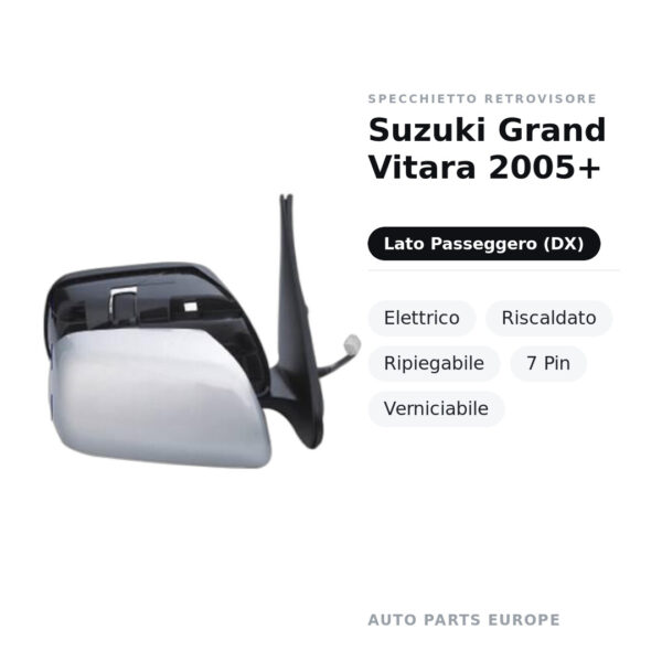Specchietto Retrovisore Destro Suzuki Grand Vitara 2005+ – Elettrico, Riscaldato, Ripiegabile, 7 Pin, Verniciabile – foto 3
