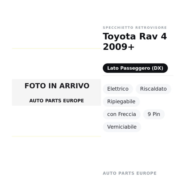 Specchietto Retrovisore Destro Toyota Rav 4 2009+ – Elettrico, Riscaldato, Ripiegabile, con Freccia, 9 Pin, Verniciabile
