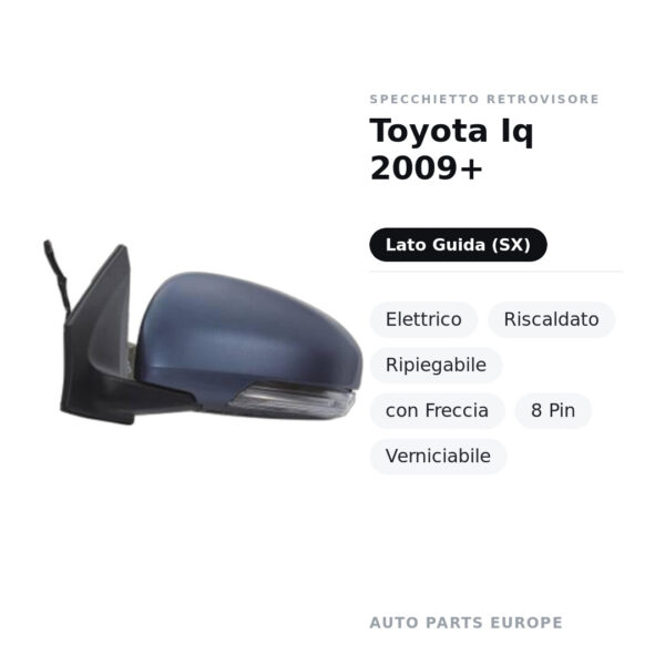 Specchietto Retrovisore Sinistro Toyota Iq 2009+ – Elettrico, Riscaldato, Ripiegabile, con Freccia, 8 Pin, Verniciabile