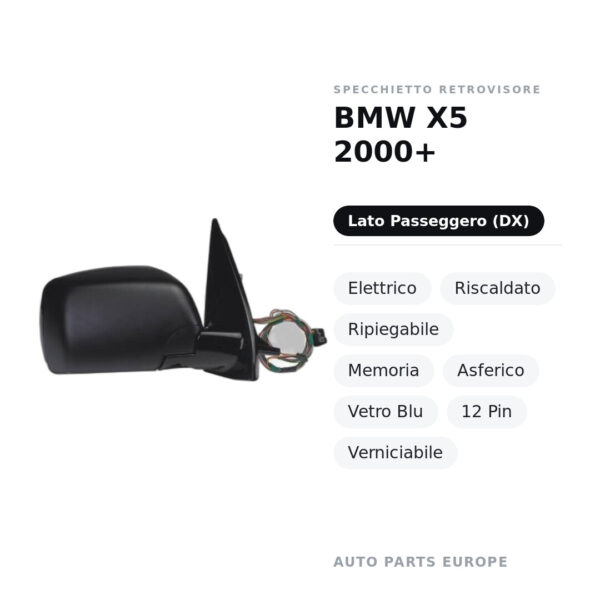Specchietto Retrovisore Destro BMW X5 2000+ – Elettrico, Riscaldato, Ripiegabile, Memoria, Asferico, Vetro Blu, 12 Pin