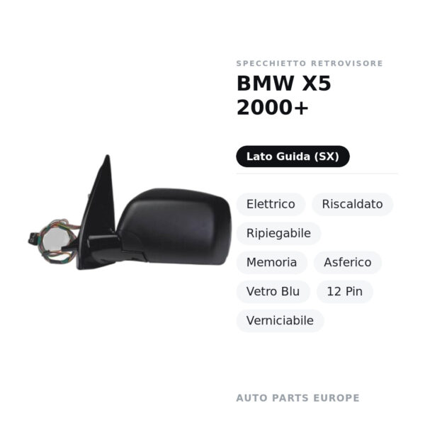 Außenspiegel Links BMW X5 2000+ – Elektrisch, Beheizt, Klappbar, Memory, Asphärisch, Blaues Glas, 12-polig, Lackierbar