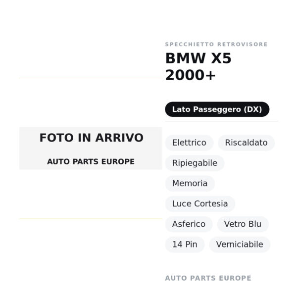 Specchietto Retrovisore Destro BMW X5 2000+ – Elettrico, Riscaldato, Ripiegabile, Memoria, Luce Cortesia, Asferico, Vetro