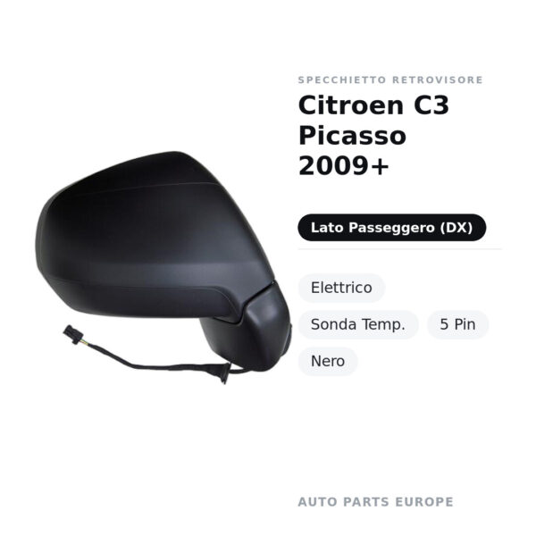 Außenspiegel Rechts Citroen C3 Picasso 2009+ – Elektrisch, Temperatursensor, 5-polig, Schwarz – Bild 2