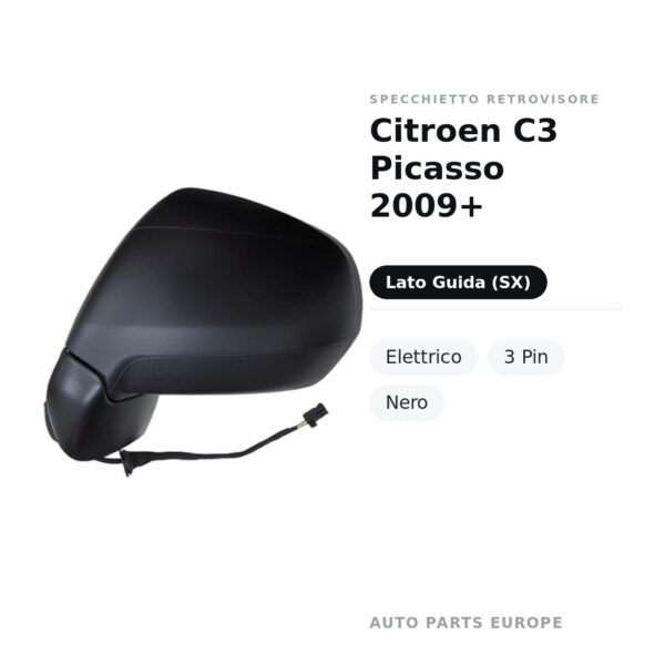 Specchietto Retrovisore Sinistro Citroen C3 Picasso 2009+ – Elettrico, 3 Pin, Nero – foto 2