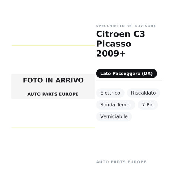 Specchietto Retrovisore Destro Citroen C3 Picasso 2009+ – Elettrico, Riscaldato, Sonda Temp., 7 Pin, Verniciabile – foto 2