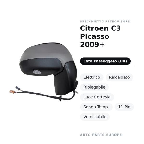 Außenspiegel Rechts Citroën C3 Picasso 2009+ – Elektrisch, Beheizt, Klappbar, Innenleuchte, Temperatursensor, 11-polig
