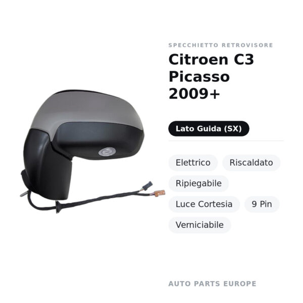 Außenspiegel Links Citroen C3 Picasso 2009+ – Elektrisch, Beheizt, Klappbar, Spiegellicht, 9-polig, Lackierbar – Bild 2