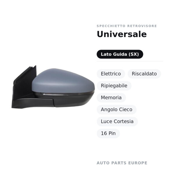 Specchietto Retrovisore Sinistro Universale – Elettrico, Riscaldato, Ripiegabile, Memoria, Angolo Cieco, Luce Cortesia, 16