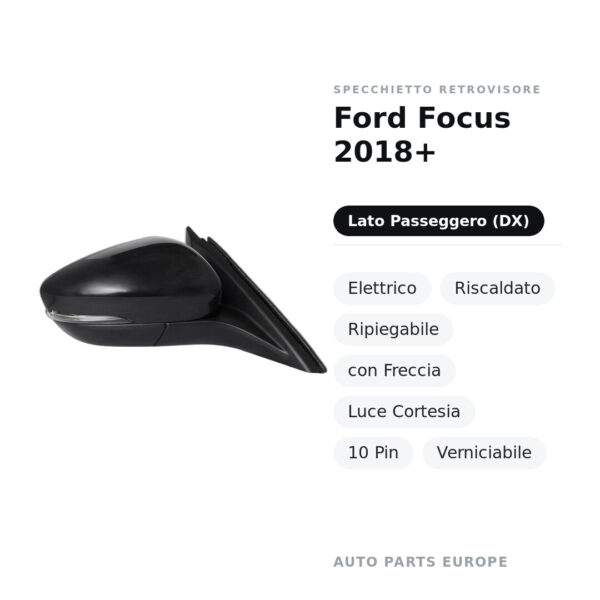 Specchietto Retrovisore Destro Ford Focus 2018+ – Elettrico, Riscaldato, Ripiegabile, con Freccia, Luce Cortesia, 10 Pin