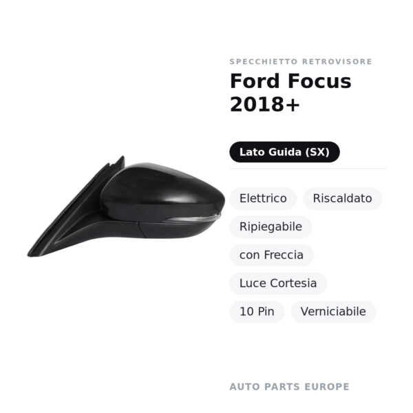 Specchietto Retrovisore Sinistro Ford Focus 2018+ – Elettrico, Riscaldato, Ripiegabile, con Freccia, Luce Cortesia, 10 Pin