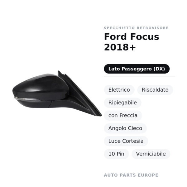 Specchietto Retrovisore Destro Ford Focus 2018+ – Elettrico, Riscaldato, Ripiegabile, con Freccia, Angolo Cieco, Luce