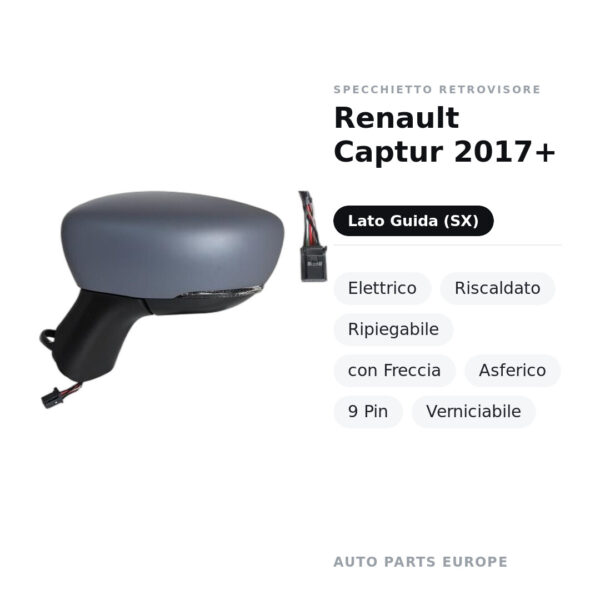 Außenspiegel Links Renault Captur 2017+ – Elektrisch, Beheizt, Klappbar, mit Blinker, Asphärisch, 9 Pin, Lackierbar – Bild 2
