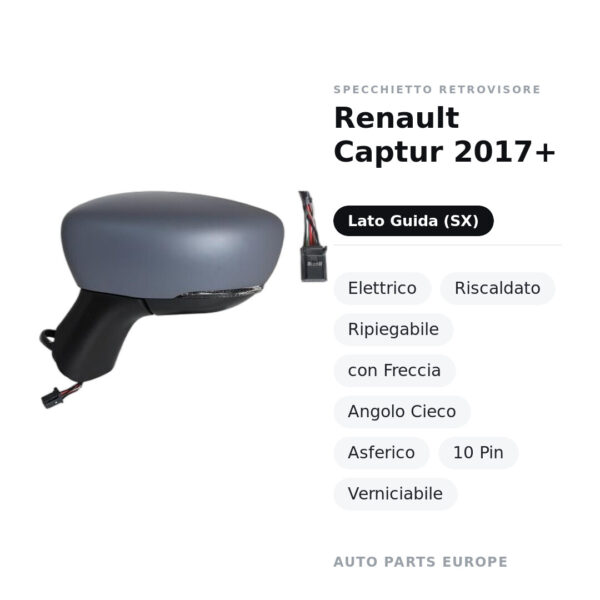 Specchietto Retrovisore Sinistro Renault Captur 2017+ – Elettrico, Riscaldato, Ripiegabile, con Freccia, Angolo Cieco