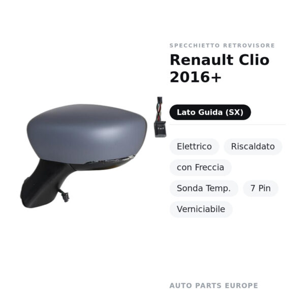 Specchietto Retrovisore Sinistro Renault Clio 2016+ – Elettrico, Riscaldato, con Freccia, Sonda Temp., 7 Pin, Verniciabile