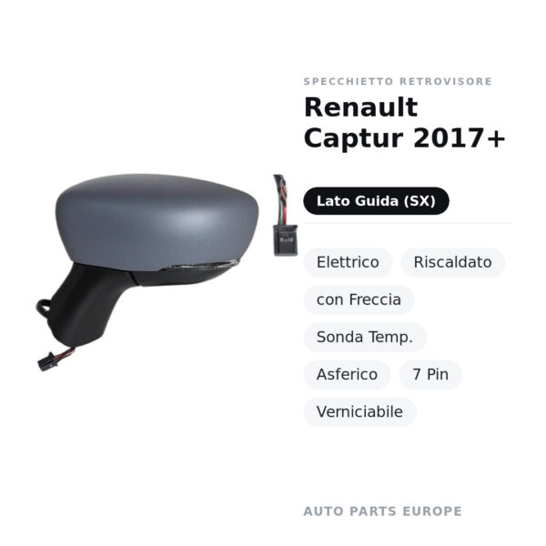 Specchietto Retrovisore Sinistro Renault Captur 2017+ – Elettrico, Riscaldato, con Freccia, Sonda Temp., Asferico, 7 Pin