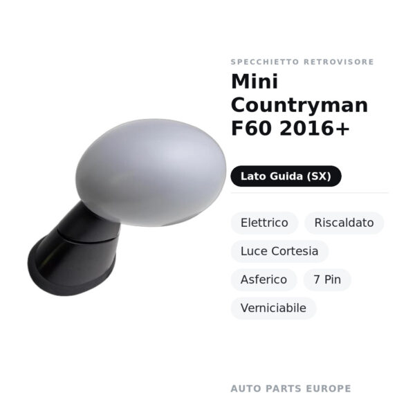 Außenspiegel Links Mini Countryman F60 2016+ – Elektrisch, Beheizt, Umgebungslicht, Asphärisch, 7-polig, Lackierbar – Bild 2