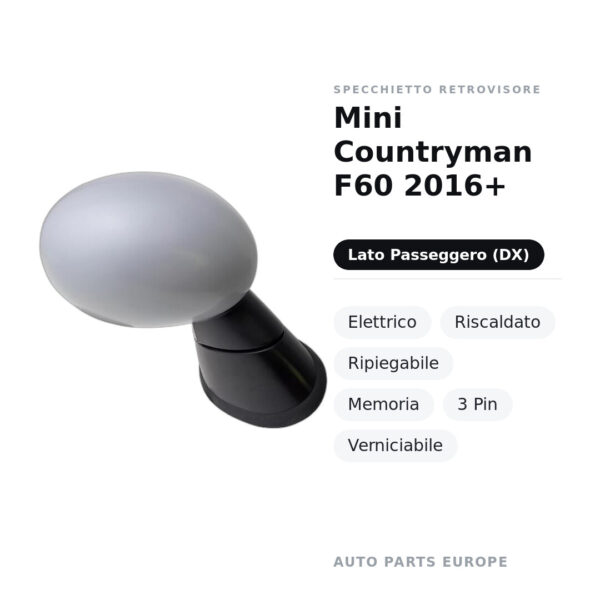 Außenspiegel Rechts Mini Countryman F60 2016+ – Elektrisch, Beheizt, Klappbar, Memory, 3-polig, Lackierbar – Bild 2