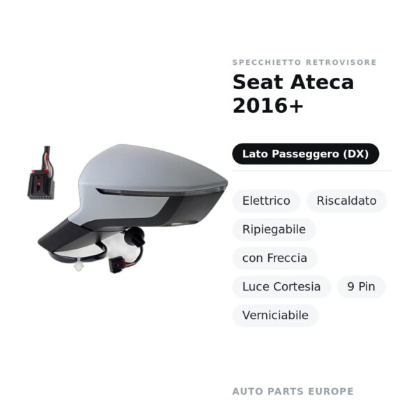 Specchietto Retrovisore Destro Seat Ateca 2016+ – Elettrico, Riscaldato, Ripiegabile, con Freccia, Luce Cortesia, 9 Pin