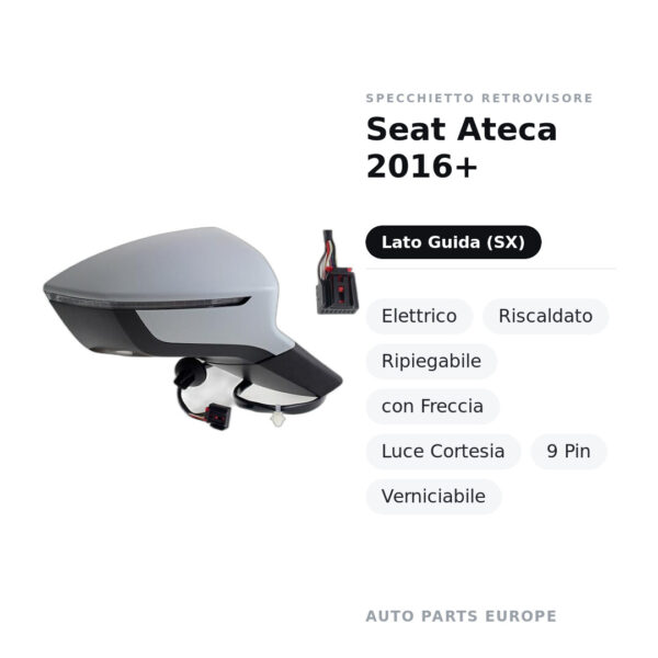 Specchietto Retrovisore Sinistro Seat Ateca 2016+ – Elettrico, Riscaldato, Ripiegabile, con Freccia, Luce Cortesia, 9 Pin
