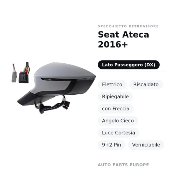 Specchietto Retrovisore Destro Seat Ateca 2016+ – Elettrico, Riscaldato, Ripiegabile, con Freccia, Angolo Cieco, Luce