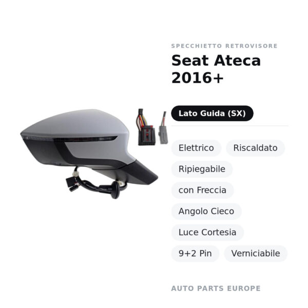 Specchietto Retrovisore Sinistro Seat Ateca 2016+ – Elettrico, Riscaldato, Ripiegabile, con Freccia, Angolo Cieco, Luce