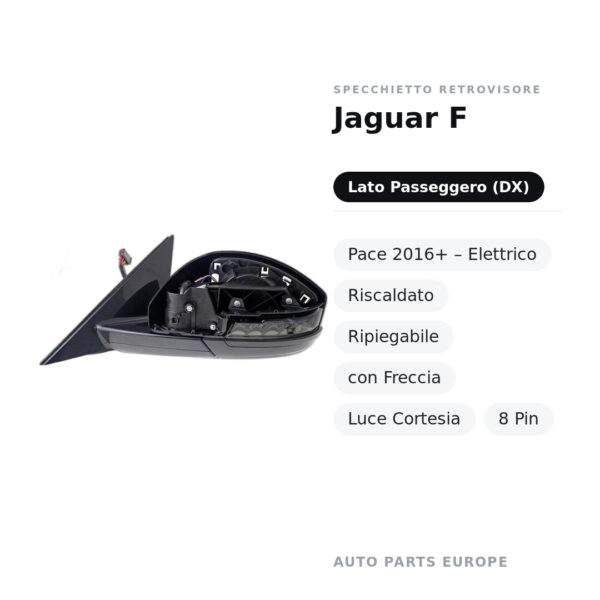 Specchietto Retrovisore Destro Jaguar F-Pace 2016+ – Elettrico, Riscaldato, Ripiegabile, con Freccia, Luce Cortesia, 8 Pin