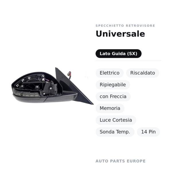 Specchietto Retrovisore Sinistro Universale – Elettrico, Riscaldato, Ripiegabile, con Freccia, Memoria, Luce Cortesia, Sonda