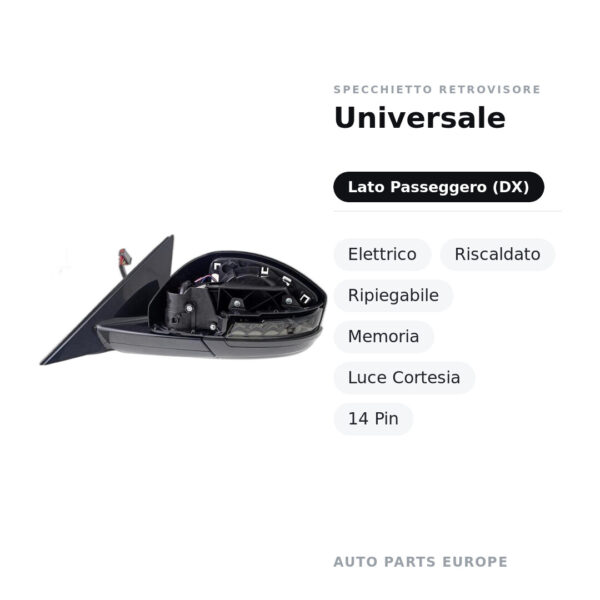 Specchietto Retrovisore Destro Universale – Elettrico, Riscaldato, Ripiegabile, Memoria, Luce Cortesia, 14 Pin – foto 2