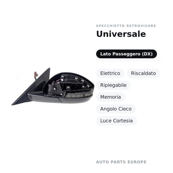 Specchietto Retrovisore Destro Universale – Elettrico, Riscaldato, Ripiegabile, Memoria, Angolo Cieco, Luce Cortesia – foto 2