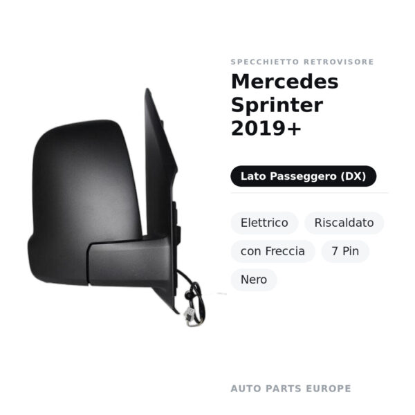Specchietto Retrovisore Destro Mercedes Sprinter 2019+ – Elettrico, Riscaldato, con Freccia, 7 Pin, Nero – foto 2