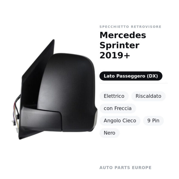 Specchietto Retrovisore Destro Mercedes Sprinter 2019+ – Elettrico, Riscaldato, con Freccia, Angolo Cieco, 9 Pin, Nero