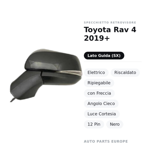 Außenspiegel Links Toyota Rav 4 2019+ – Elektrisch, Beheizt, Klappbar, mit Blinker, Blindwinkel, Innenleuchte, 12 Pin