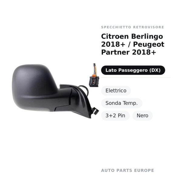 Specchietto Retrovisore Destro Citroen Berlingo 2018+ / Peugeot Partner 2018+ – Elettrico, Sonda Temp., 3+2 Pin, Nero – foto