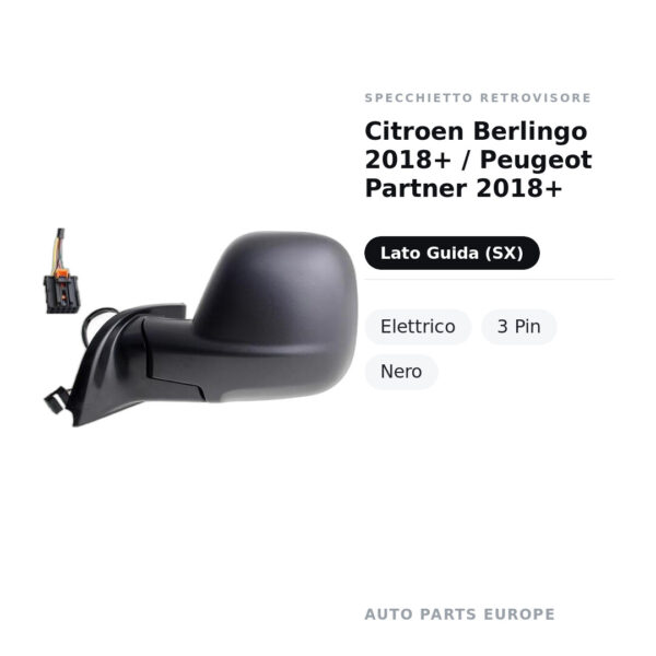 Außenspiegel Links Citroen Berlingo 2018+ / Peugeot Partner 2018+ – Elektrisch, 3-polig, Schwarz – Bild 2