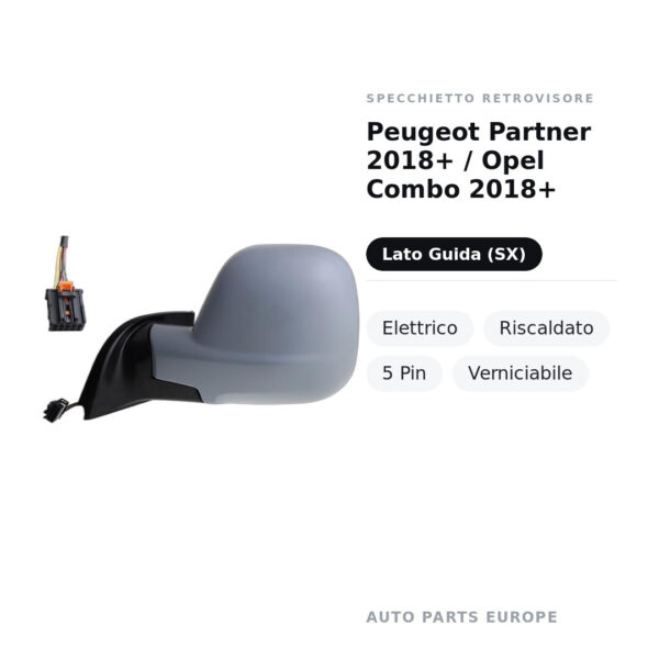 Außenspiegel Links Peugeot Partner 2018+ / Opel Combo 2018+ – Elektrisch, Beheizt, 5-polig, Lackierbar – Bild 2