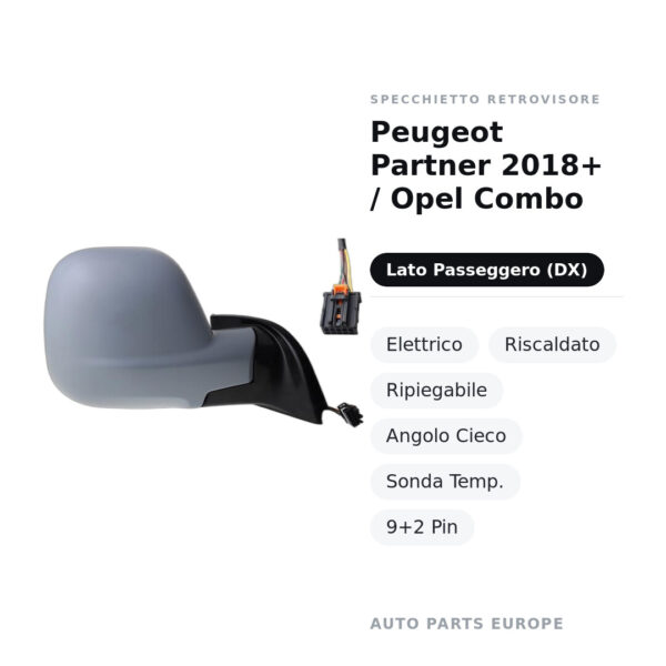 Specchietto Retrovisore Destro Peugeot Partner 2018+ / Opel Combo – Elettrico, Riscaldato, Ripiegabile, Angolo Cieco, Sonda