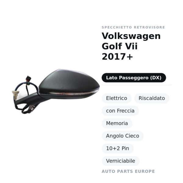 Specchietto Retrovisore Destro Volkswagen Golf Vii 2017+ – Elettrico, Riscaldato, con Freccia, Memoria, Angolo Cieco, 10+2