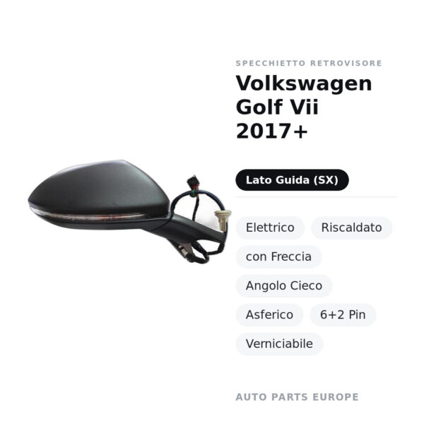 Specchietto Retrovisore Sinistro Volkswagen Golf Vii 2017+ – Elettrico, Riscaldato, con Freccia, Angolo Cieco, Asferico, 6+2
