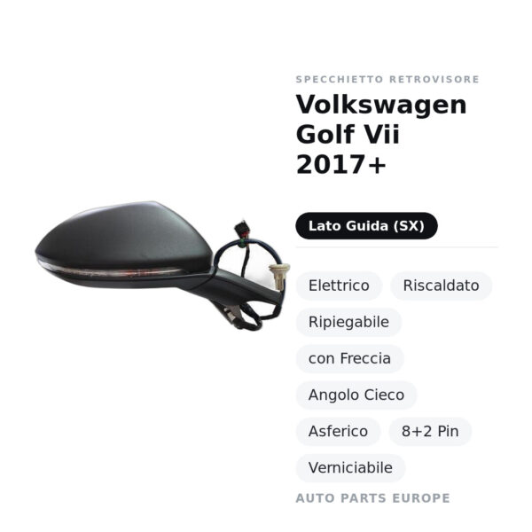 Specchietto Retrovisore Sinistro Volkswagen Golf Vii 2017+ – Elettrico, Riscaldato, Ripiegabile, con Freccia, Angolo Cieco