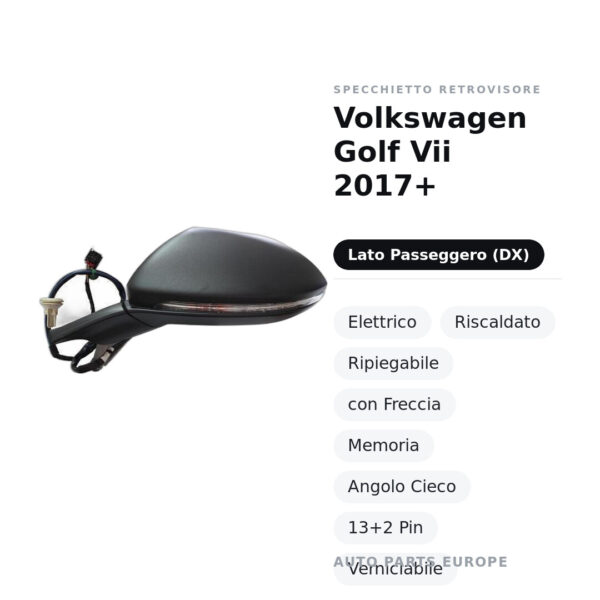 Specchietto Retrovisore Destro Volkswagen Golf Vii 2017+ – Elettrico, Riscaldato, Ripiegabile, con Freccia, Memoria, Angolo