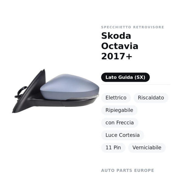 Specchietto Retrovisore Sinistro Skoda Octavia 2017+ – Elettrico, Riscaldato, Ripiegabile, con Freccia, Luce Cortesia, 11
