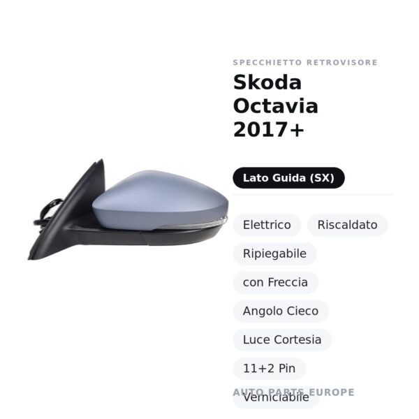 Specchietto Retrovisore Sinistro Skoda Octavia 2017+ – Elettrico, Riscaldato, Ripiegabile, con Freccia, Angolo Cieco, Luce